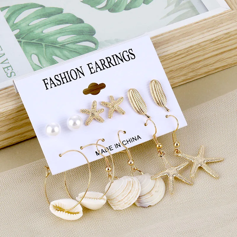 

IPARAM Vintage Alloy Shell Conch Earring Set for Women Bohemian Style New Design Shell Starfish Jewelry Party Gift Wholesale