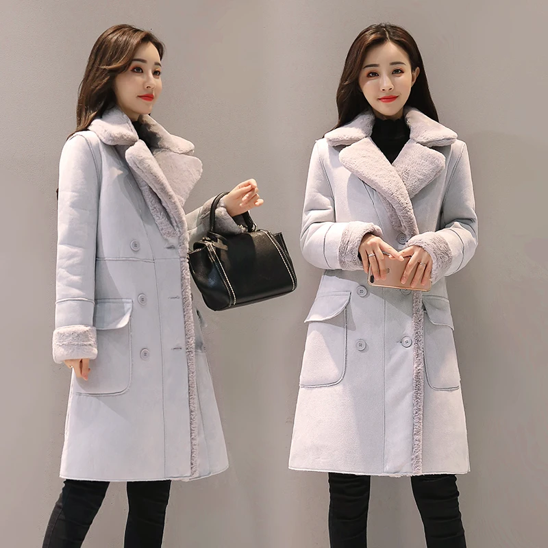 Модное женское замшевое меховое зимнее пальто, модная Толстая длинная куртка из искусственной овчины, пальто для женщин, однотонный теплый Тренч - Цвет: light grey