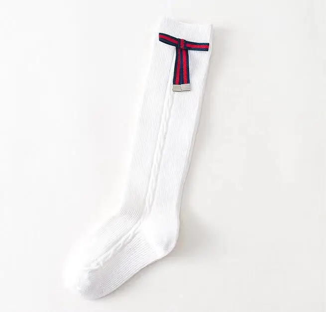 Сандалии для девочек детские высокие носки хлопковые кружевные детские носки детские длинные носки принцессы для девочек красивые гетры с бантом - Color: White