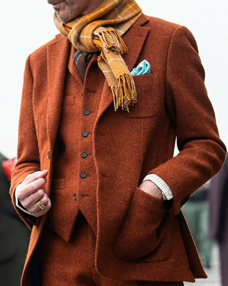 Vintage Men Suits Wool Blend Tweed Notch Lapel Tailored Costume Homme Tailor-Made 3 Pieces Blazer Coats Vest Pants Business Prom