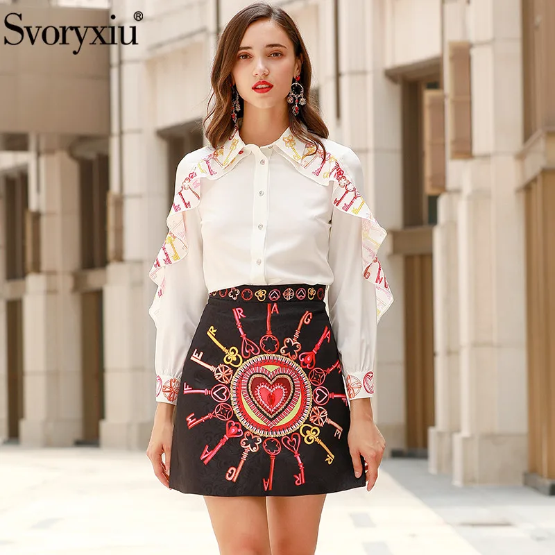 

Svoryxiu Designer High End Autumn Skirt Suit Women's Ruffles Long Sleeve Key Printed Blouse + Diamond Jacquard Black Skirt Suits