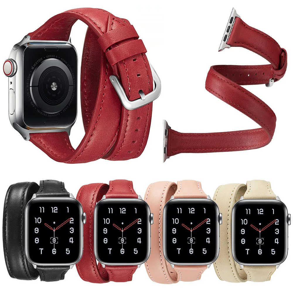 Двойной круглый кожаный ремешок для Apple Watch серии 5 4 3 2 1 многослойный браслет для iWatch 40 мм 44 мм 38 мм 42 мм наручный ремень