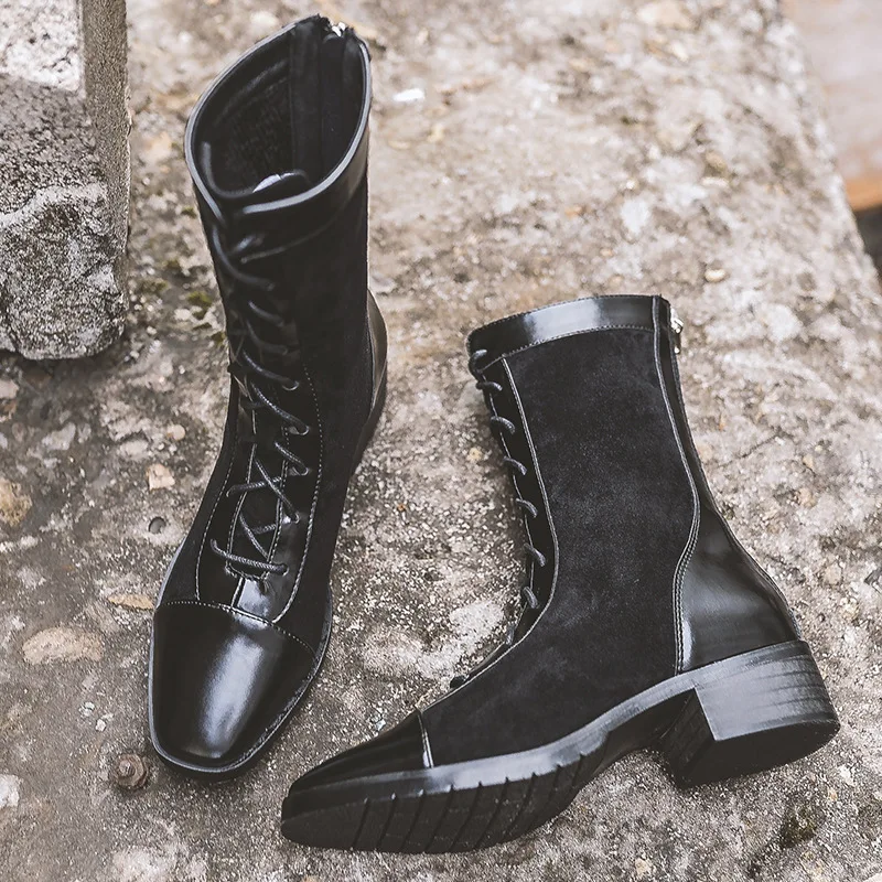 British Motorcycle mid-calf botines block heels women cross-tied plush martin riding boots back zipper brand short bottes femme