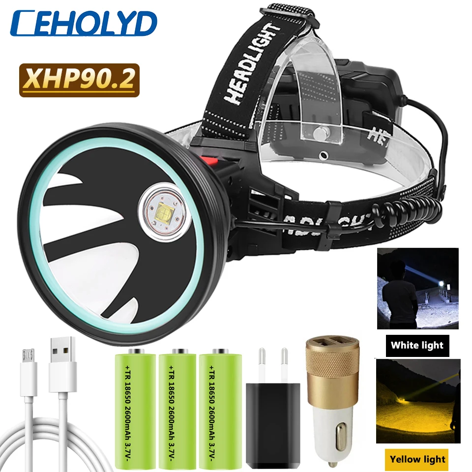 XHP90.2 самый мощный светодиодный светильник с чашкой Healamp 7800 мА/ч перезаряжаемая батарея фонарь желто белый