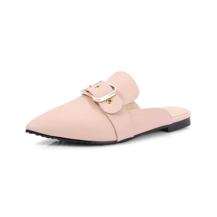 

2017 Spring Summer New Style Pointed Sandals White Slimming Slipper Low Heel Closed-toe Belt Buckle Large Small Shoes