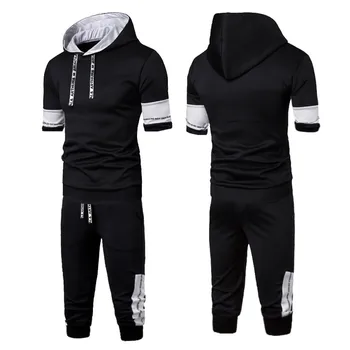 

Summer New Comfortable Fashion Short Sleeve Pants Ttitching Hooded Men's Suit Tracksuit Men Brand 2 Piece Set 1.17