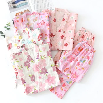 

Pajamas for Women Cotton Kawaii Sakura Printed Sleepwear Set Spring Autumn Japanese Traditional Yukata Kimono Tops Trousers Suit