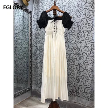 

2020 Summer High Quality Dress Women Sexy Square Collar Cross String Deco Short Sleeve Mid-Calf Length Pleated Dress Casual
