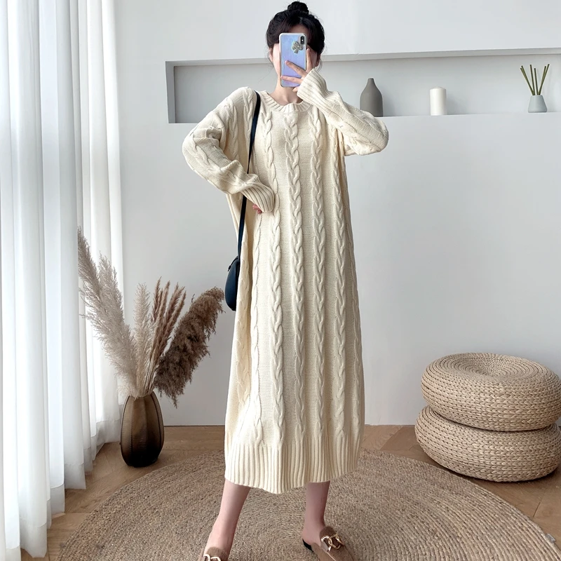 

Autumn And Winter Mid-Length Over The Knee Loose Twist Sweater Knitted Thick Dress Women
