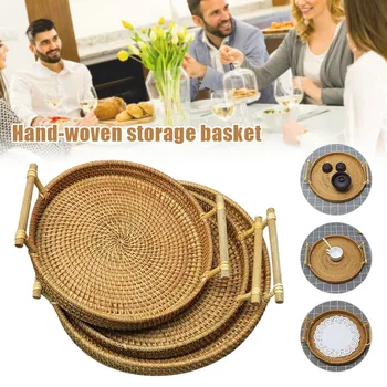

Hand Woven Wicker Rattan Basket Bread Fruit Snack Tray Round Storage Basket SDF-SHIP