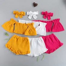 Ensemble 3 pièces pour bébés filles, couleur unie, épaules dénudées, manches évasées, col bateau, haut + short à volants + bandeau à nœud papillon