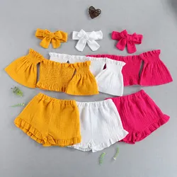 Conjunto de roupas infantis de cor sólida, 3 pçs, bebês, meninas, ombros abertos, decote em barco, top + shorts plissado + tiara com laço