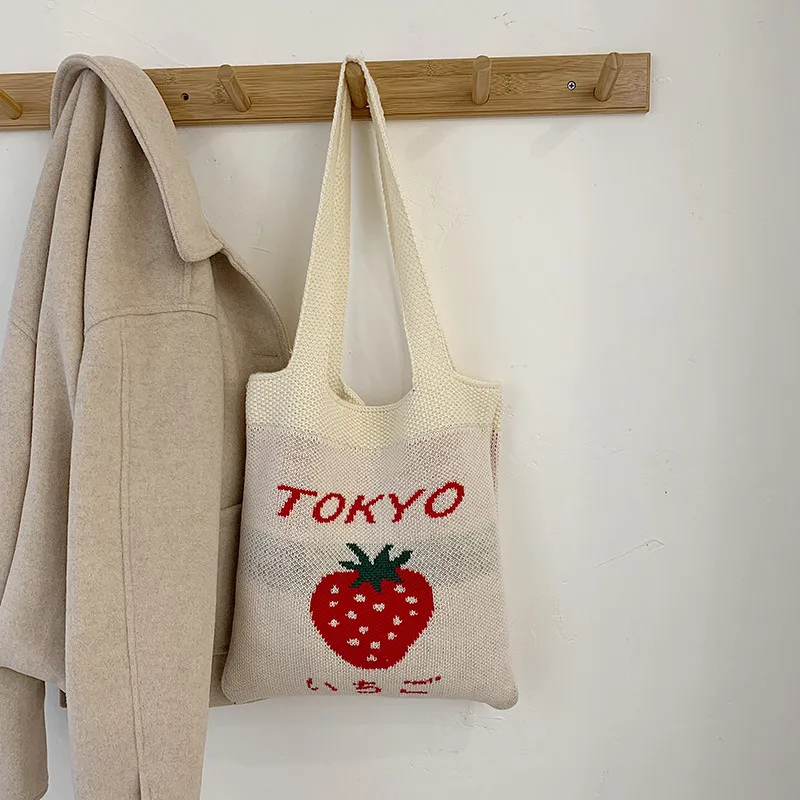 

Handbags for Women 2020 Cute Strawberry Bag Japanese Small Satchel Harajuku Girl Soft Sister Shoulder Bag Knitted Wool Bag