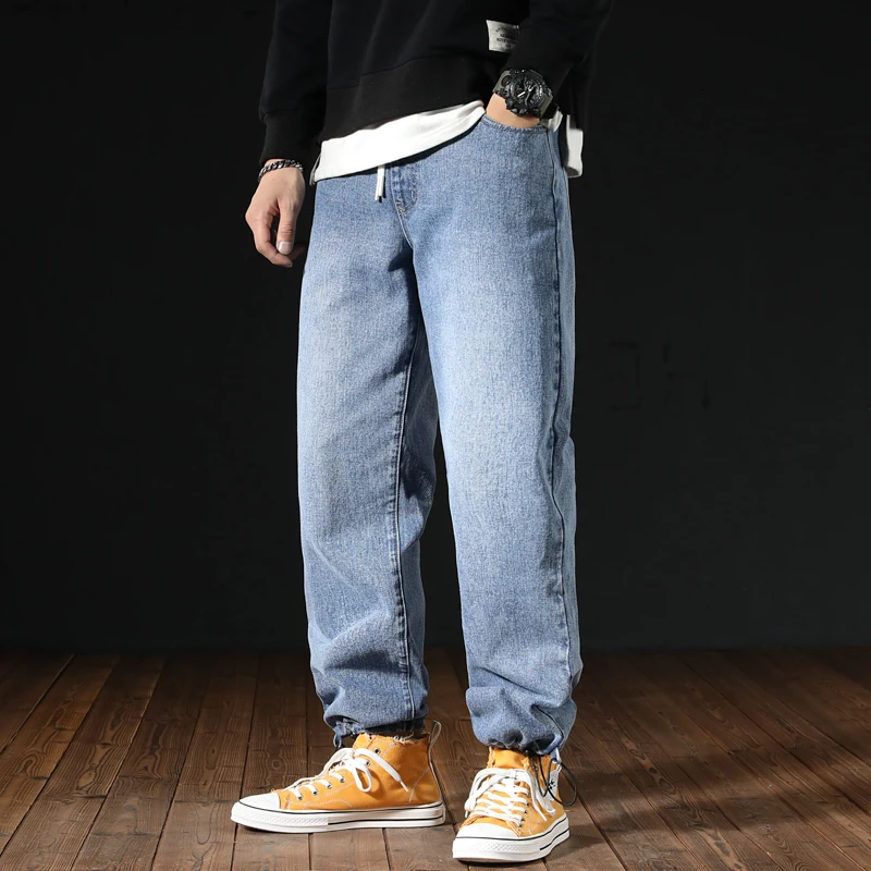 

Autumn New Jeans Men Fashion Washed Solid Color Casual Drawstring Denim Trousersman Streetwear Wild Hip Hop Loose Straight Jeans