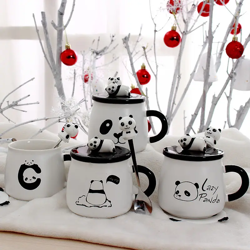 Panda Mug Coffee Breakfast Cup Large Capacity Water Glass Milk Cup Creative Cartoon Ceramic Cup with Lid with Spoon Coffee Cup