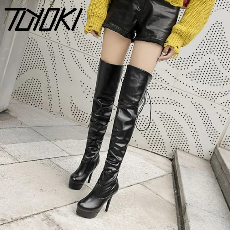

Tuyoki Plus Size 33-48 Office Lady High Heel Boots Platform Lace Up Warm Shoes Women Over Knee Boots Winter Club Footwear