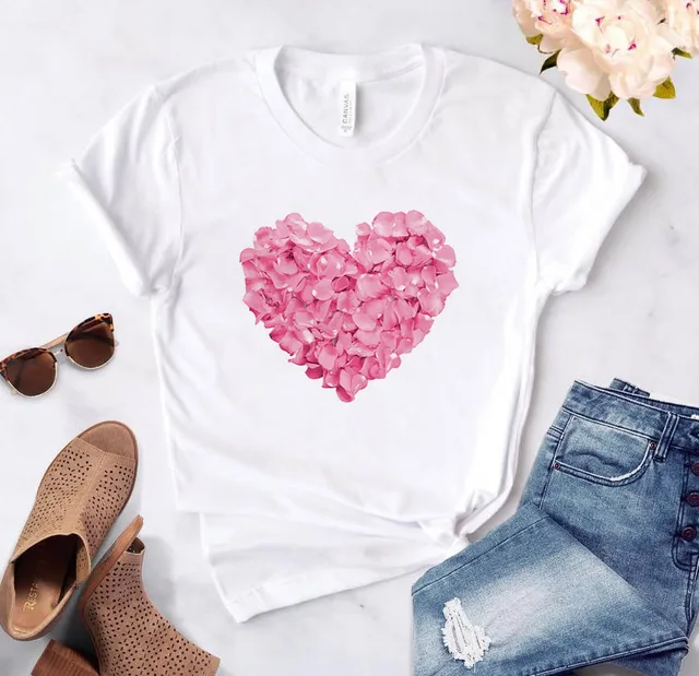Heart flower print ladies T-shirt ladies casual basis O-collar white shirt short sleeve ladies T-shirt love graphic printing 14461