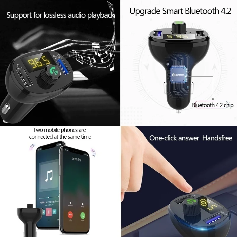 MP3 плеер Автомобильный fm-передатчик Bluetooth 4,2 TF карта u-диск 3.1A QC3.0 Быстрая зарядка Dual USB Автомобильное зарядное устройство прикуривателя Зарядное устройство для автомобиля Применение