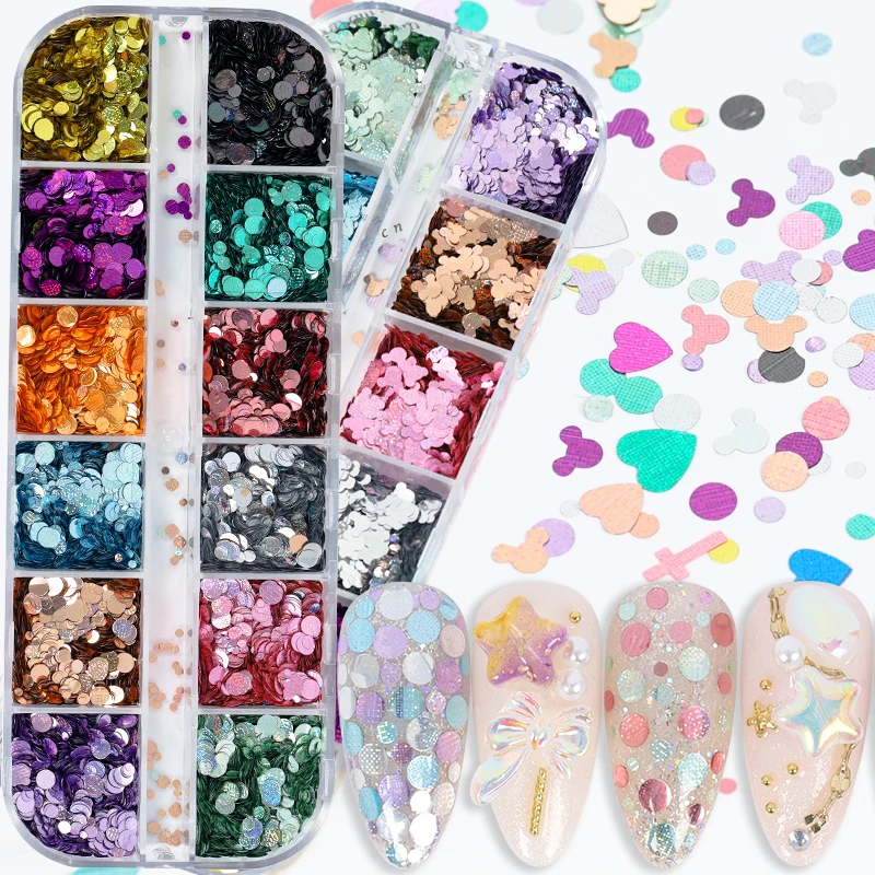 

12 Grids/Box Mix Colors Sizes Round Heart Cross Holographic Grain Texture Sequins Nail Glitter Paillette Nail Art Slice Decals