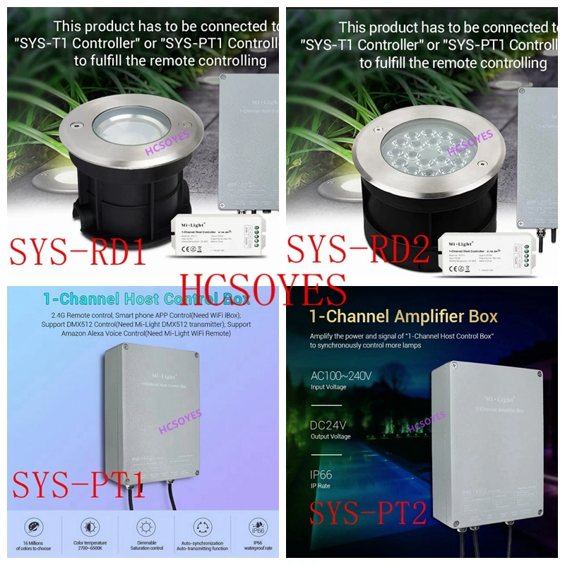 Milight SYS-RD1 5 W/SYS-RD2 9 Вт RGB+ CCT светодиодный подземный свет Водонепроницаемый лампа SYS-PT1/SYS-PT2 1-канальный усилитель хост Управление коробка