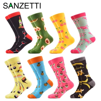 

8 Pairs SANZETTI Hot Sale Happy Men Socks Bright High Quality Novelty Painting Fruit Crew Socks Causal Gift Wedding Dress Socks