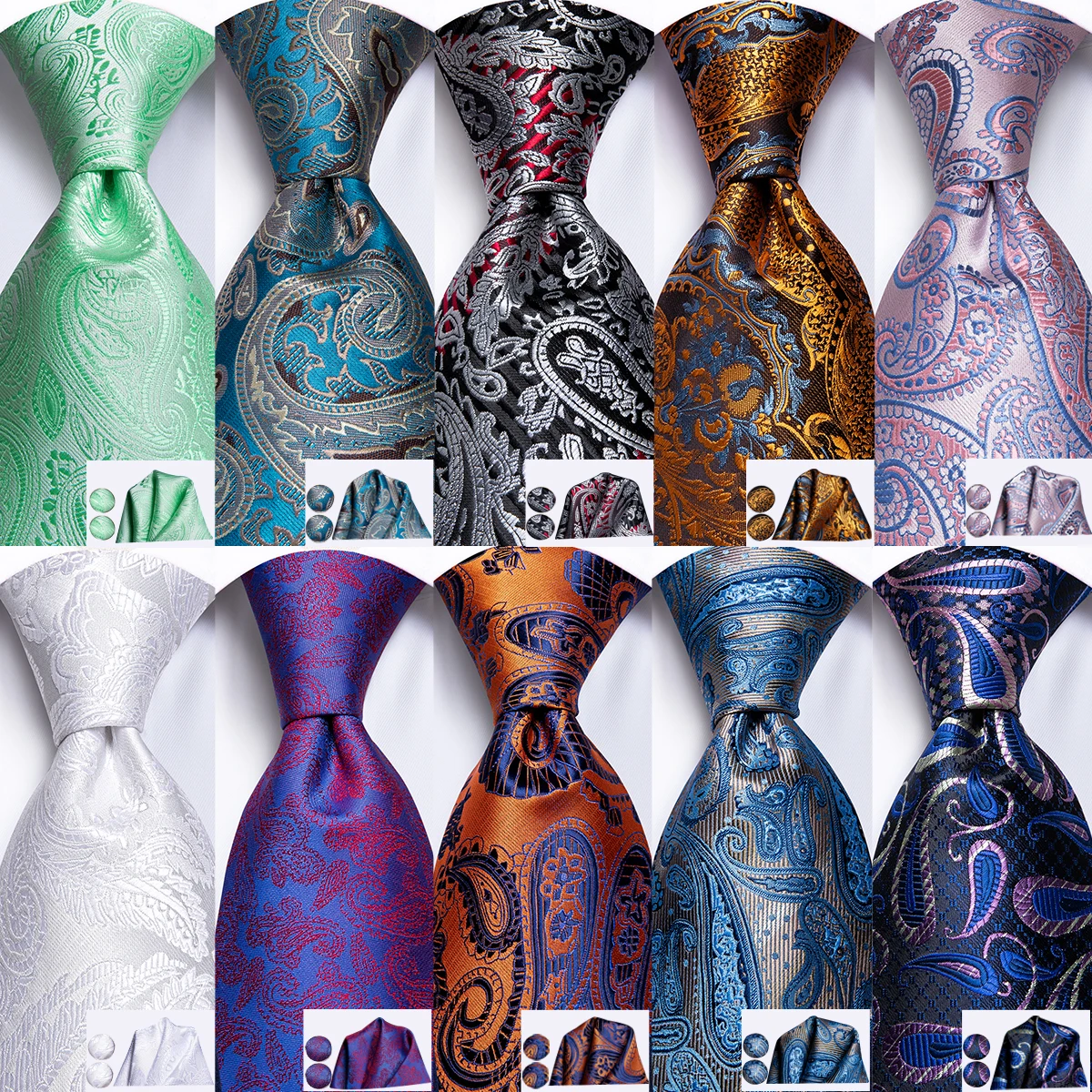 Neck Tie Men's Tie Set Gold Paisley 100% Silk 8.5cm Wedding Ties For Men New Fashion Design Hanky Cufflinks Set