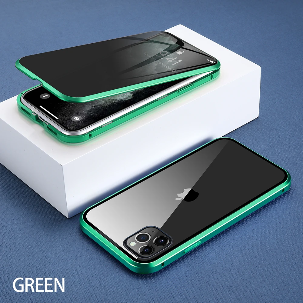 Светло-зеленый KISSCASE Privacy Tempered Glass Magnetic Case For iPhone 11 Pro X 6 6S 7 8 Plus XR XS Max Anti Spy Metal Magnet Phone Case - Цвет: Светло-зеленый