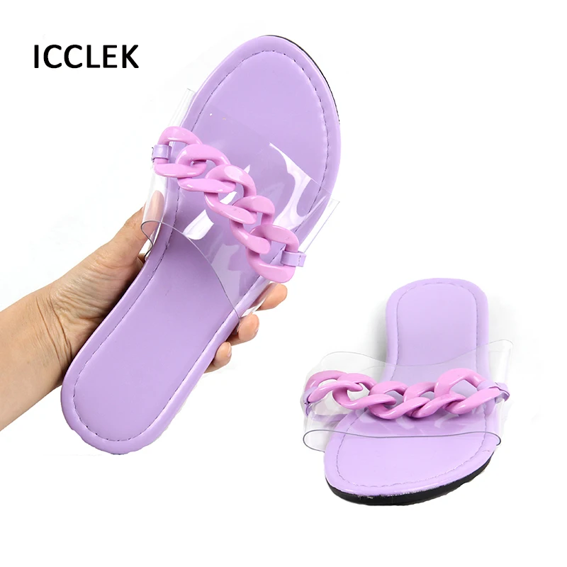 Flat Slippers Women Summer Candy Color Transparent Ladies PVC Chain Beach Sandals Slides Casual Flip Flops Jelly Shoes | Обувь