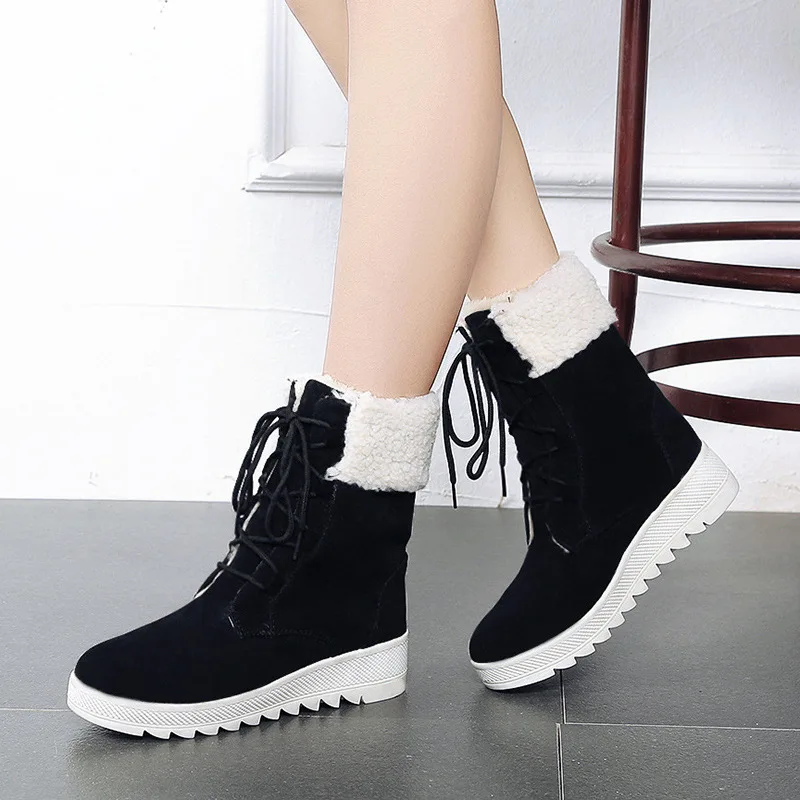 

Snow Boots Women's 2018 Flat Lace-up plus Velvet Winter Solid Color Cardigan Student Thick Middle Boots Suede
