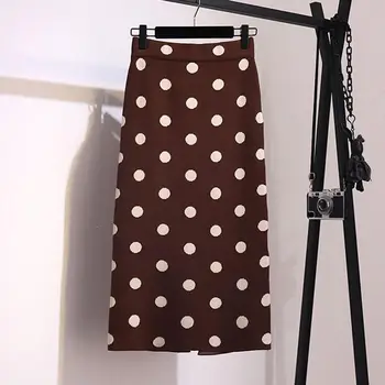 

New Women Fall Elastic High Waist Knitted Skirts Empire Female Casual Soft Winter Knit Skirts Midi Vintage Polka Dot Skirts