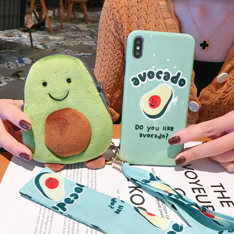 3pcs For iphone XS Max Cute Avocado soft cover case 8plus 8 X XR 6 6s 6sp 7 7P Cartoon Plush purse +Strap |