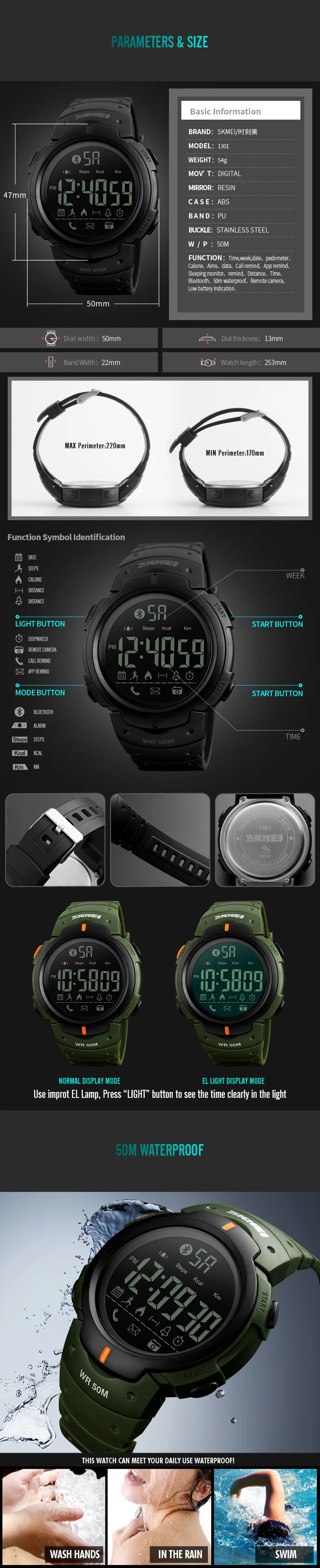Skmei Bluetooth спортивные умные часы шагомер с функцией напоминания мужские электронные часы светодиодный водонепроницаемый наручные часы