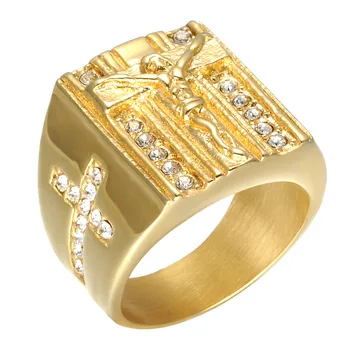 

FDLK 100% Hight Brand Jewelry Jesus Cross White Cubic Zirconia Ring for Men Gold Color Tone Crucifix CZ Band Male Jewelry