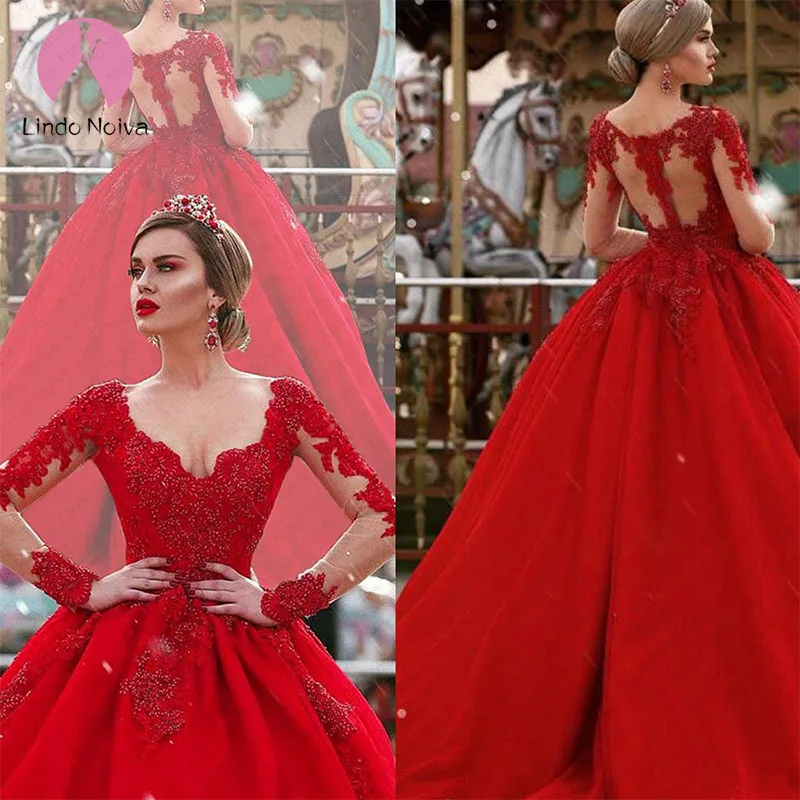 Vestido De Noiva, винтажные, с длинными рукавами с треугольным вырезом, одежда красного цвета на Свадебные и Бальные платья 2020 иллюзия, вышивка