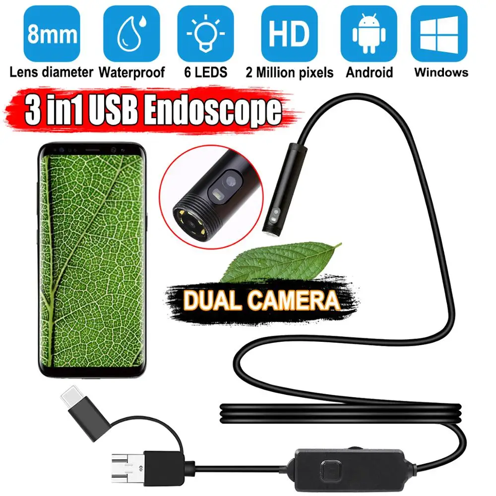 New Dual 8mm Lens Endoscope HD USB C Android Phone Endoscope Camera Waterproof Lens With Led Light Borescope 2mp 8mm 3in1 usb dual lens endoscope camera for android