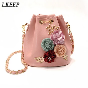 

Handmade Flowers Bucket Bags Mini Shoulder Bags With Chain Drawstring Small Cross Body Bags Pearl Bags Leaves Decals