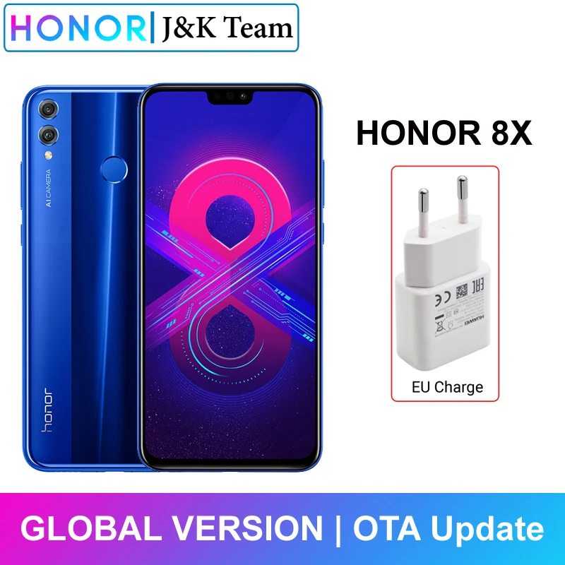 Мобильный телефон Honor 8X с глобальной ПЗУ, экран 6,5 дюйма, аккумулятор 3750 мАч, двойная задняя камера 20 МП, многоязычный смартфон