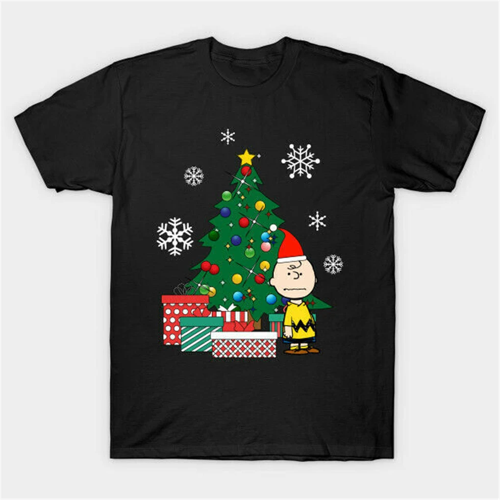 Черная футболка с рисунком из мультфильма Charlie Brown вокруг рождественской елки S-3Xl