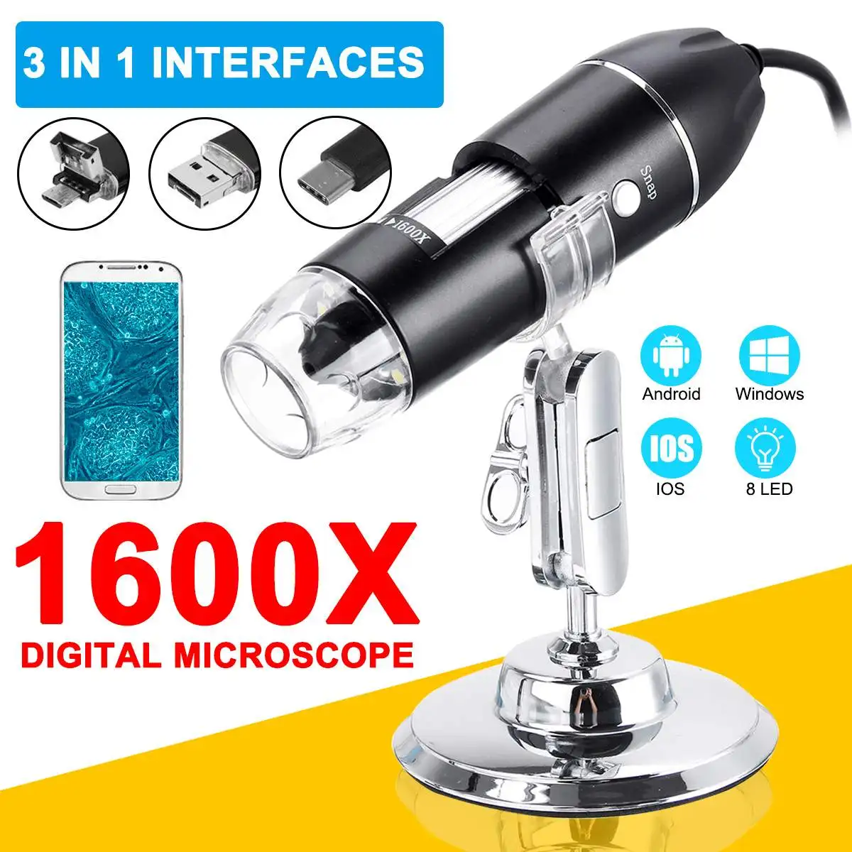1600X Портативный 8 светодиодный светильник регулируемый диммер практичный ручной микроскоп в реальном времени usb тип-c цифровой микроскоп