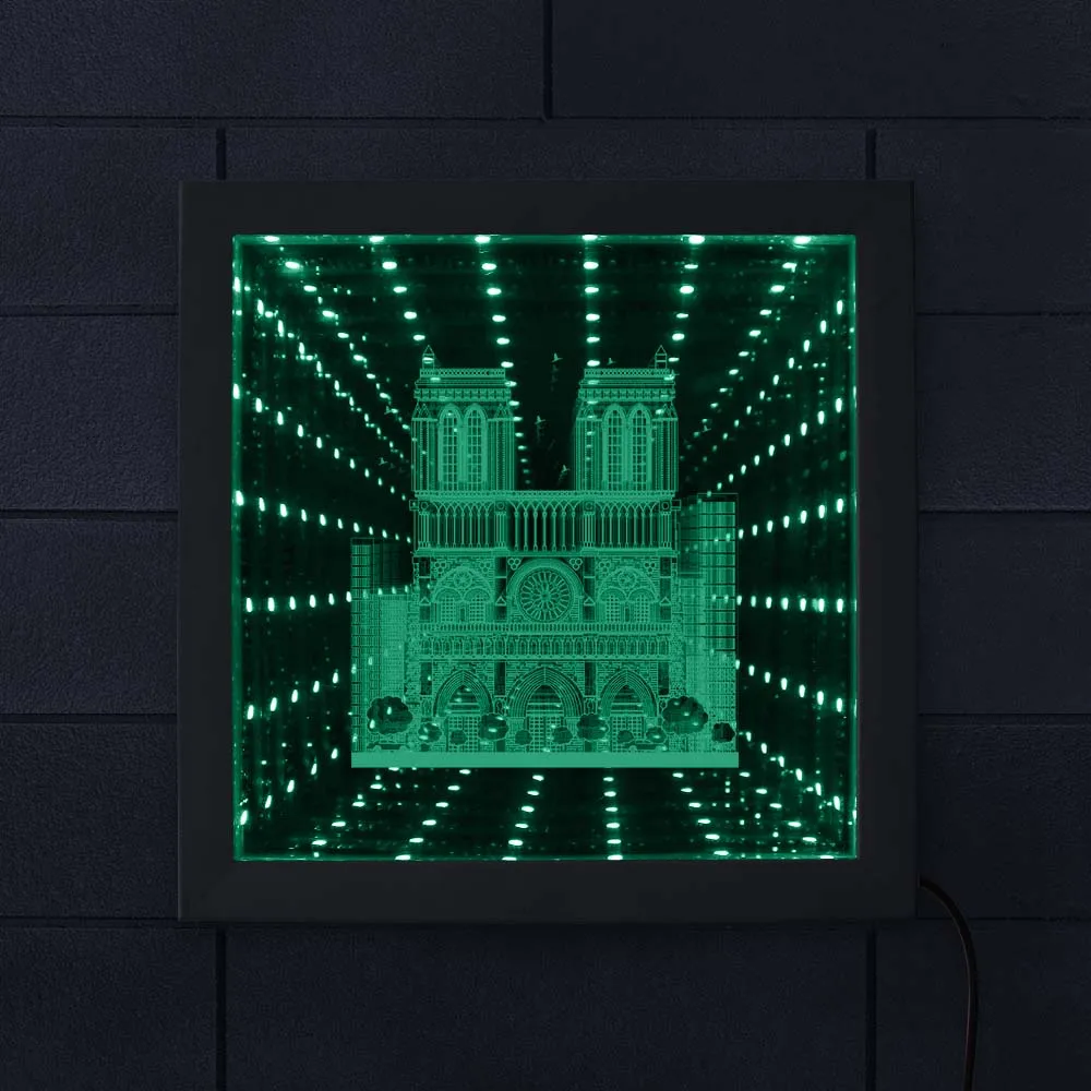 Best 3D Led Creative Novelty French Cathedral Notre Dame Vortex Tunnel Interstellar Mirror Paris Travel Souvenir Cadre Indoor Decor