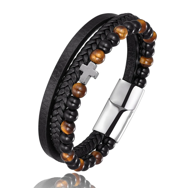 New Arrival Stainless Steel Genuine Leather Bracelet For Men's Charm 6MMNatural Stone Beaded Cross Bracelets Fashion Jewelry - Окраска металла: See figure