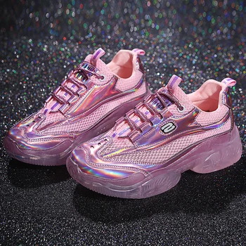 

Fashion 2020 Spring Women Sneakers Crystal Heel Platform Sneakers Bling Fluorescent Holographic Chunky Trainers Shoes Flat
