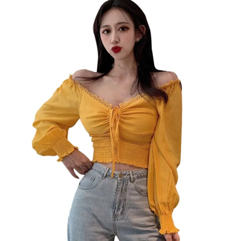 

Spring Women Solid V Neck Hollow Out Sexy Slim Exposed Navel Long Sleeves Shirts Blouse