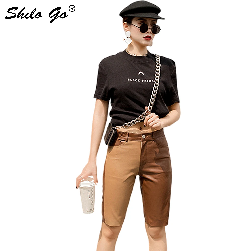 

Genuine Leather Pants Color Block Single Button High Waist Sheepskin Knee Length Pants Women Autumn Winter Boots Trousers Female