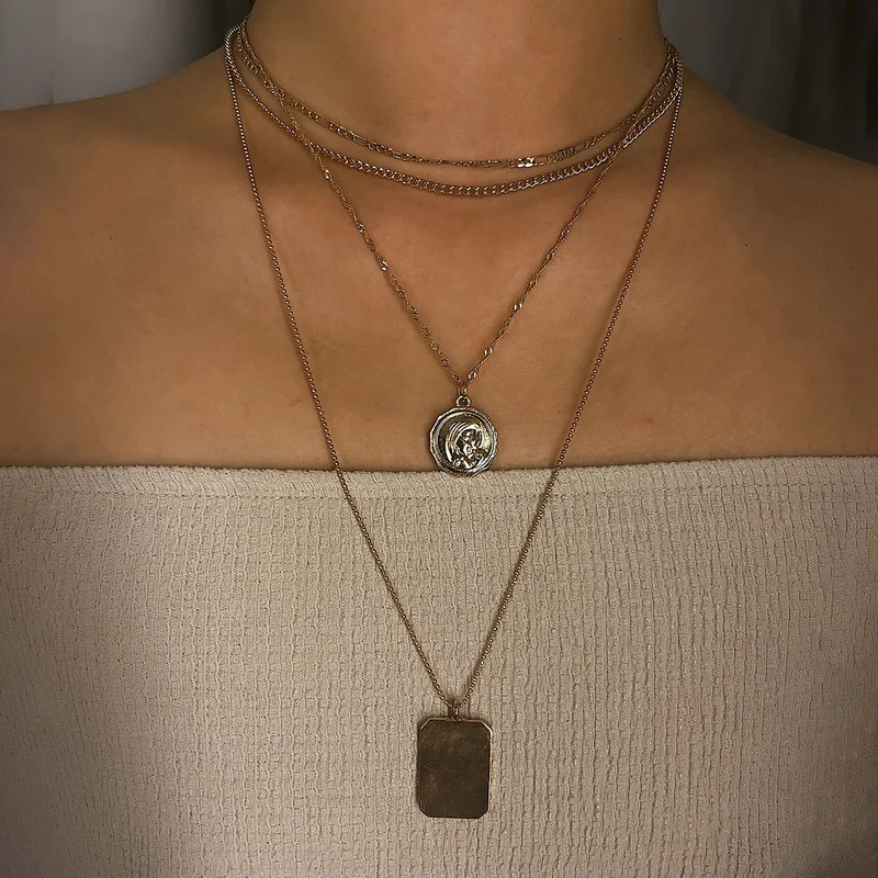 

square sautoir geometry contracted anaglyph round bead chain pendant jewelry personality female multilayer necklace