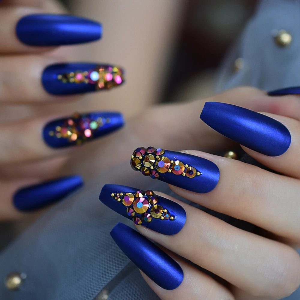 Jewelry Nails Long Matte Ballerina False Nails With Gold Rose Rhinestones  Pre-designed Nail Handmade Custom 24 Tips Kit - False Nails - AliExpress