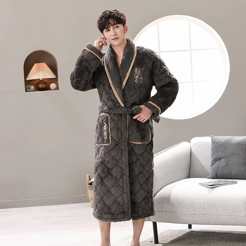 Men's Winter Letter Jacquard Bathrobe Home Clothes Long Sleeved Flannel  Quilted Robe Coat Male Keep Warm Long Bath Robes XXXL - AliExpress