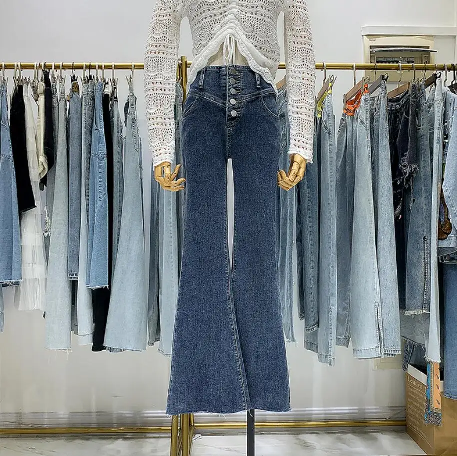 Женские джинсы с высокой талией на пуговицах, модные джинсовые брюки, свободные брюки с окантовкой, расклешенные джинсы, женские r2033