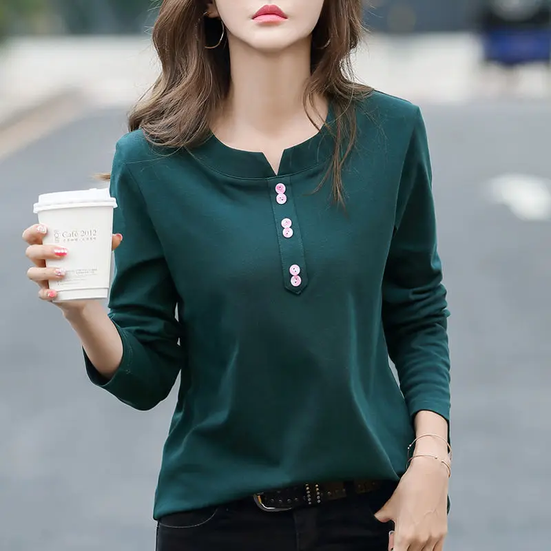 2021 100% Cotton T Shirt Woman Spring Fashion Long Sleeve Shirt V Neck Woman T-shirt Loose Korean Style Plus Size Women Shirts t shirt oversize Tees
