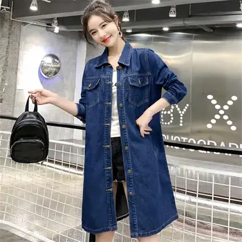 

2019 Autumn Women Long Sleeve Long Denim Coat Button Women Jeans Jacket Plus Size Outwear